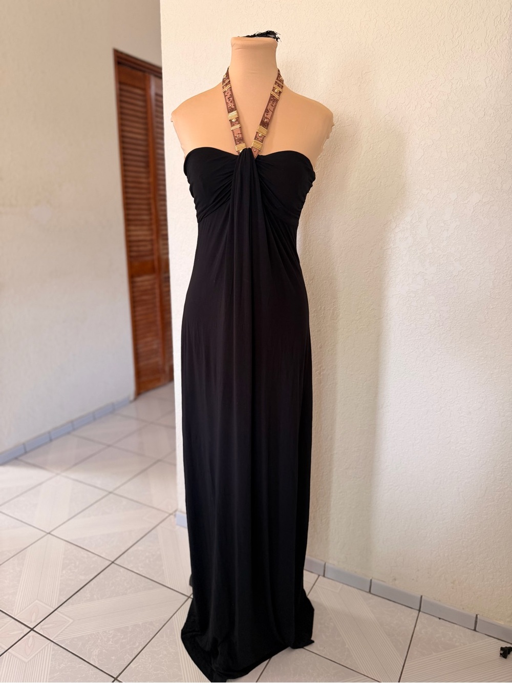Vintage Cache Black Halter Maxi Dress moc leather and hardware embellished trim